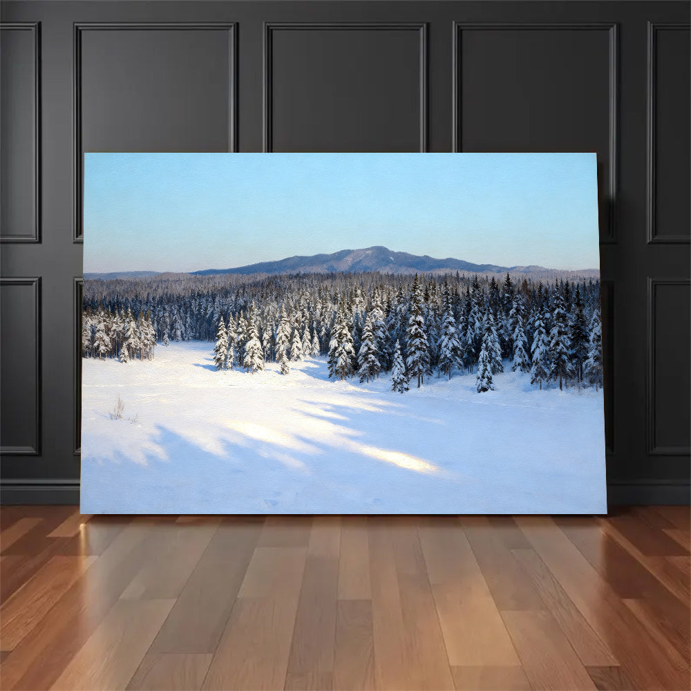 Winter Woodland Quiet canvas wall art, floor display against a dark wall.