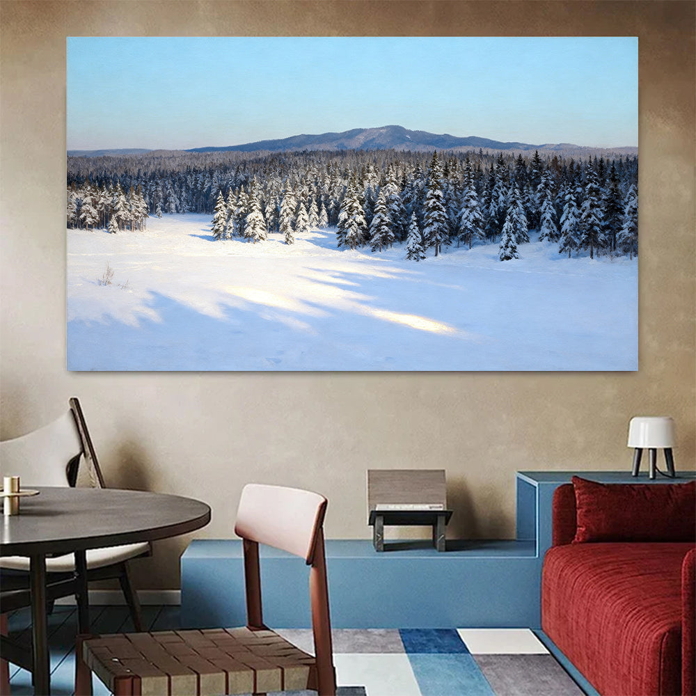 Winter Woodland Quiet canvas wall art, colorful room mockup.