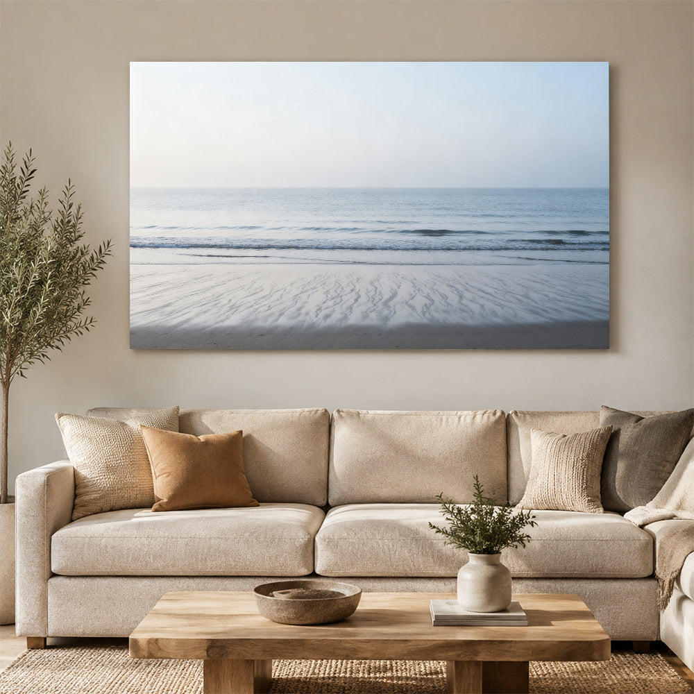 Quiet Silver Shore canvas wall art, living room mockup above a sofa.