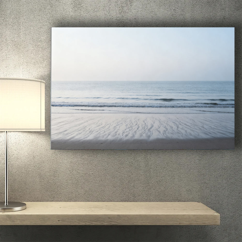 Quiet Silver Shore canvas wall art, wall mockup above a console.