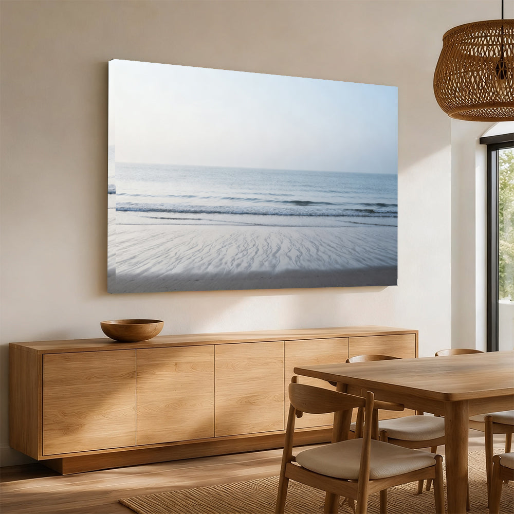 Quiet Silver Shore canvas wall art, angled mockup above a sideboard.