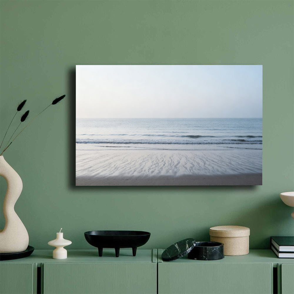 Quiet Silver Shore canvas wall art, mockup on a green wall.