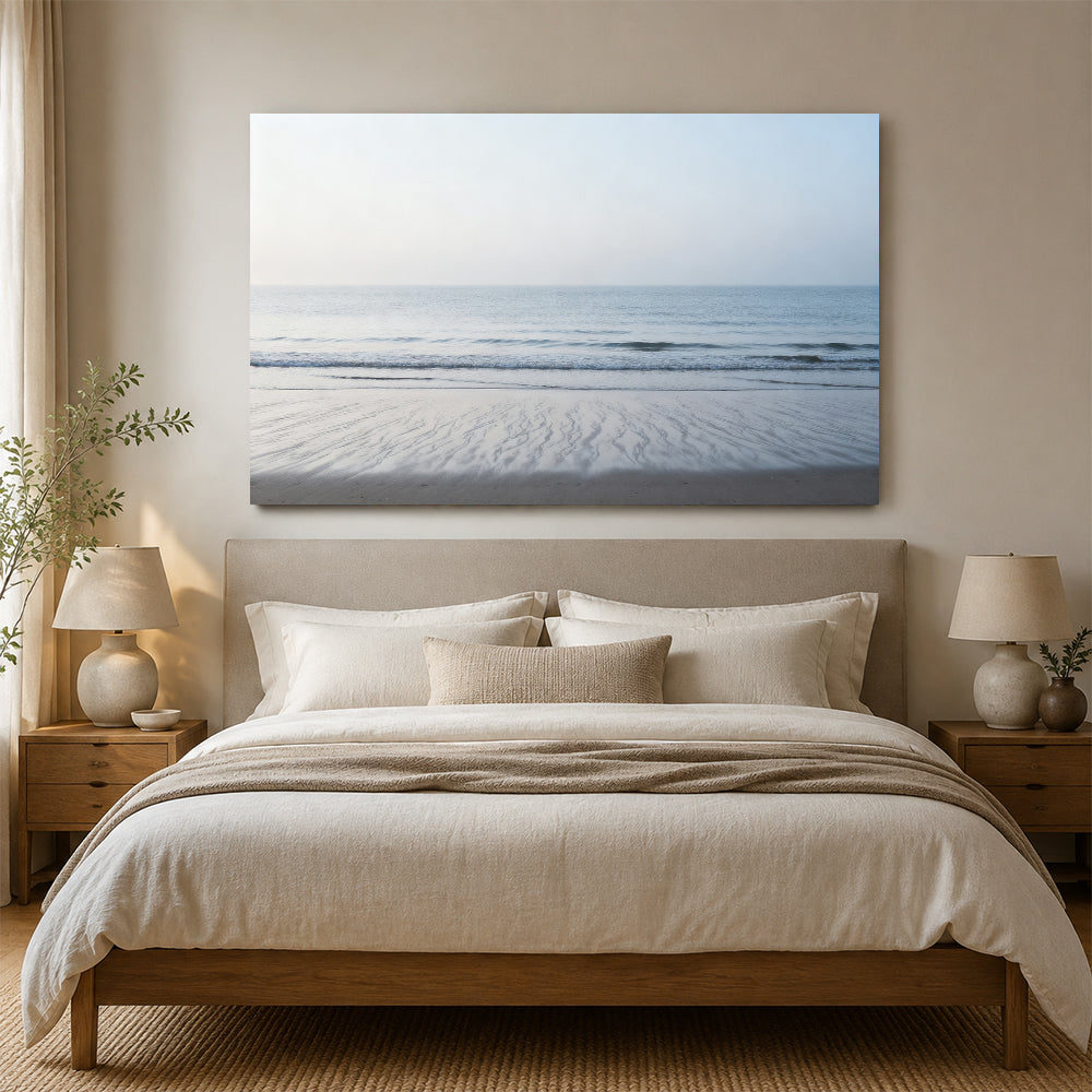 Quiet Silver Shore canvas wall art, bedroom mockup above a bed.