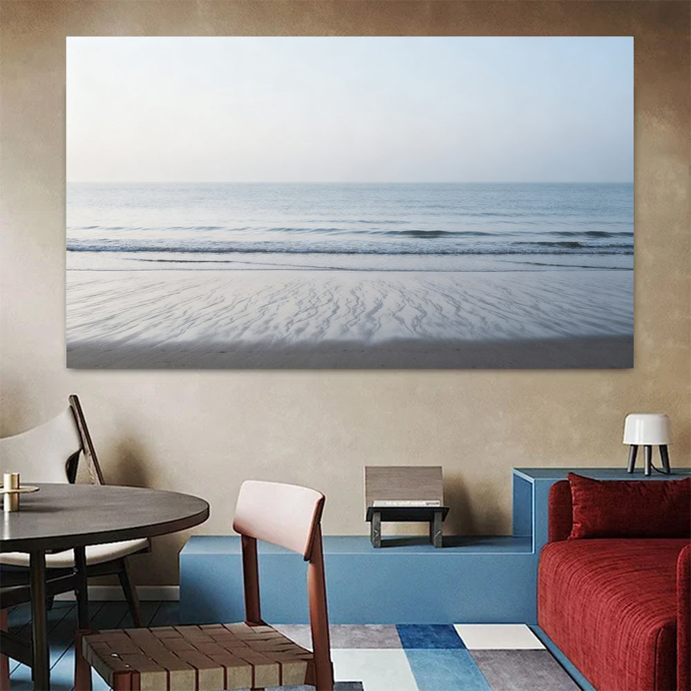 Quiet Silver Shore canvas wall art, colorful room mockup.