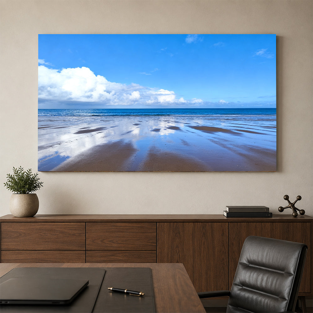 Blue Sky Tidal Flats canvas wall art, office mockup above a desk.