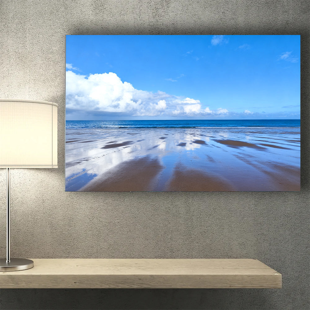 Blue Sky Tidal Flats canvas wall art, wall mockup above a console.