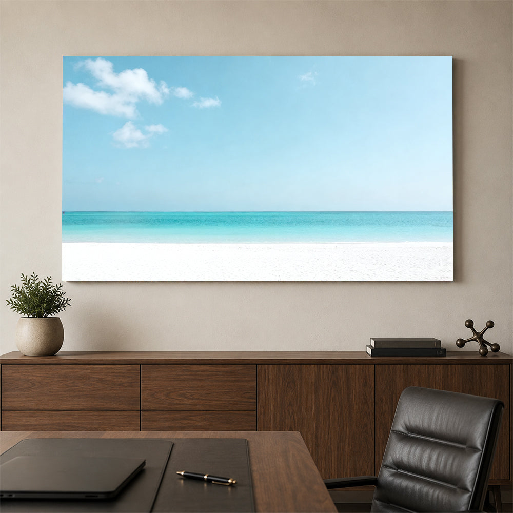 Pale Turquoise Horizon canvas wall art, office mockup above a desk.