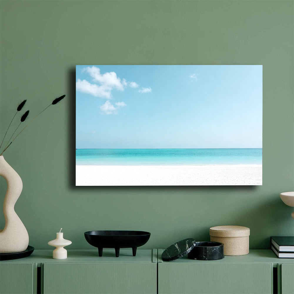 Pale Turquoise Horizon canvas wall art, mockup on a green wall.
