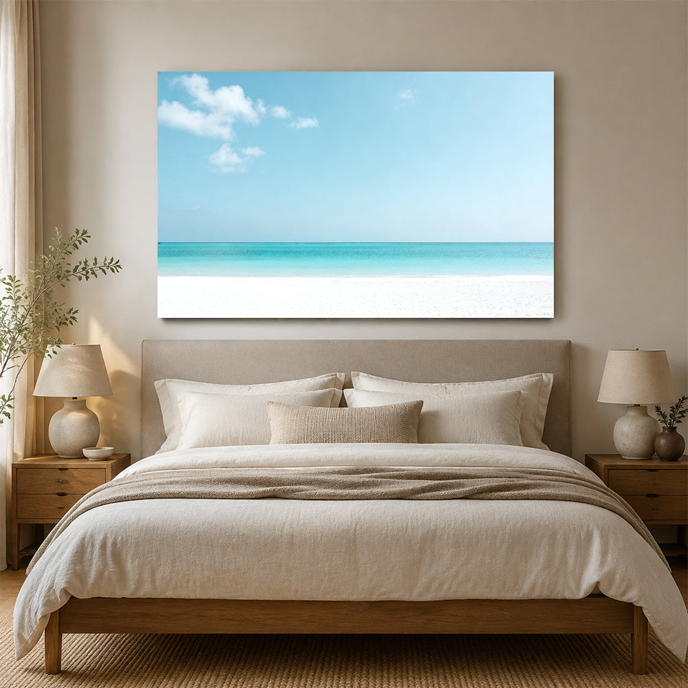 Pale Turquoise Horizon canvas wall art, bedroom mockup above a bed.