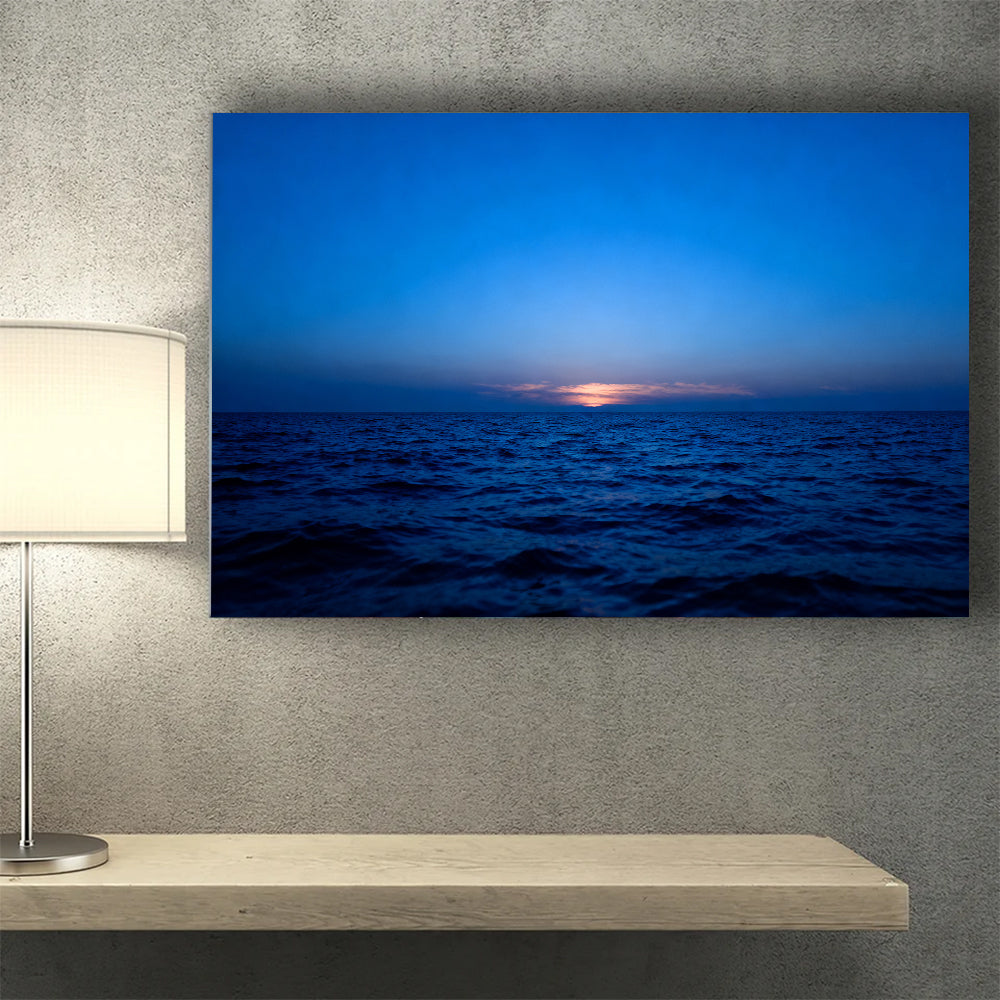 Last Light at Sea canvas wall art, wall mockup above a console.