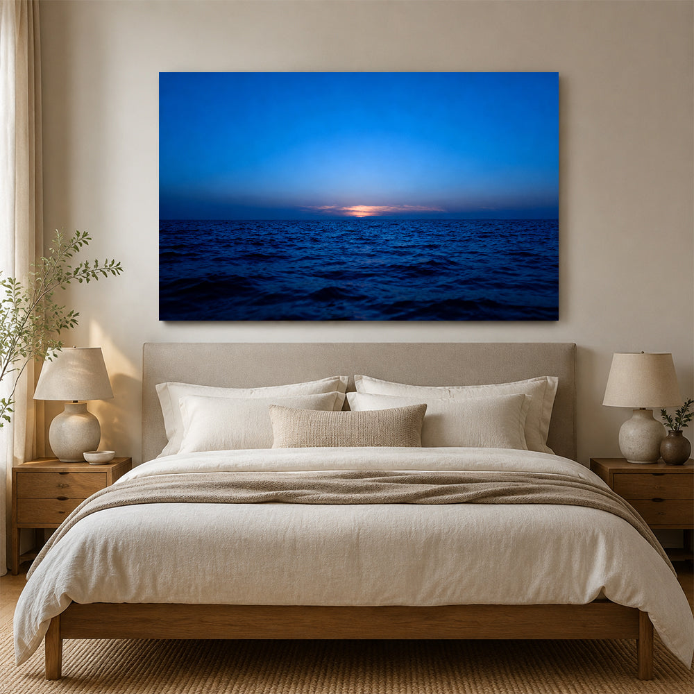 Last Light at Sea canvas wall art, bedroom mockup above a bed.