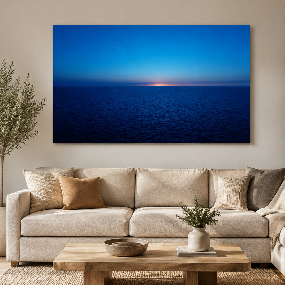 Deep Blue Twilight canvas wall art, living room mockup above a sofa.