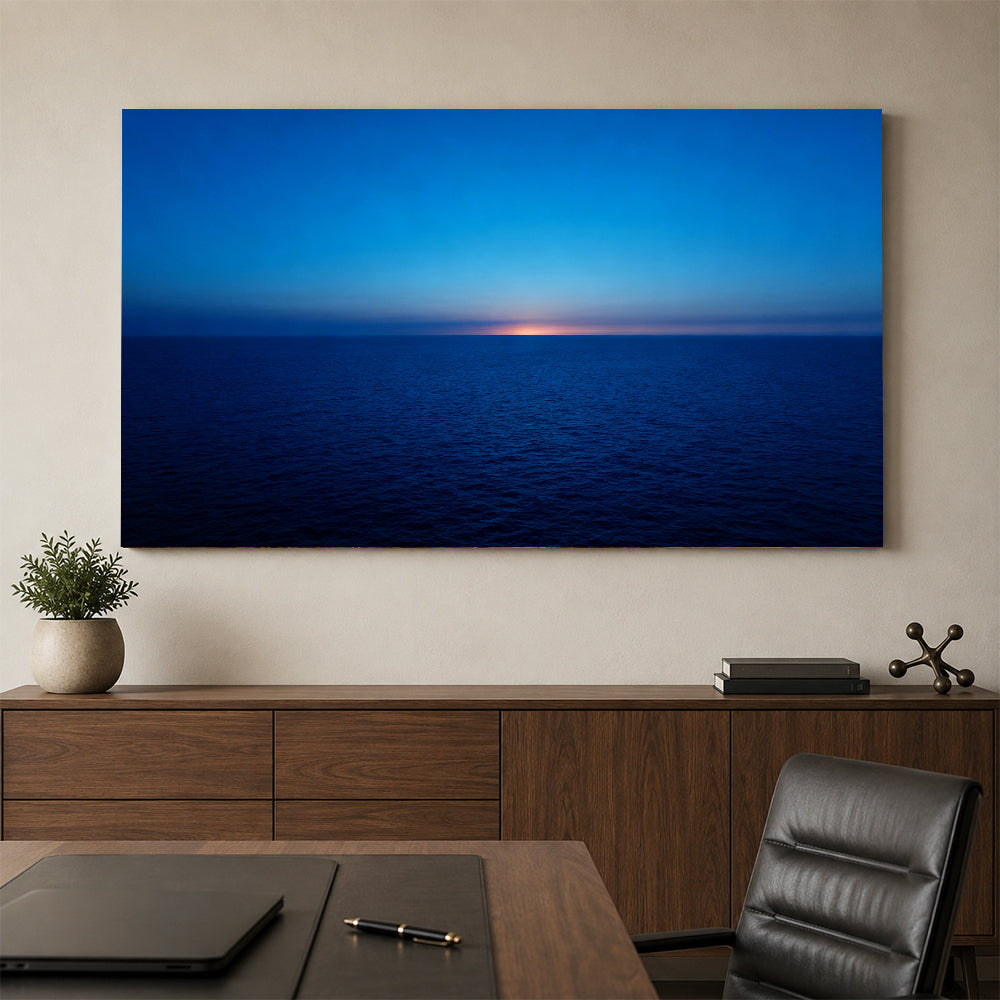 Deep Blue Twilight canvas wall art, office mockup above a desk.