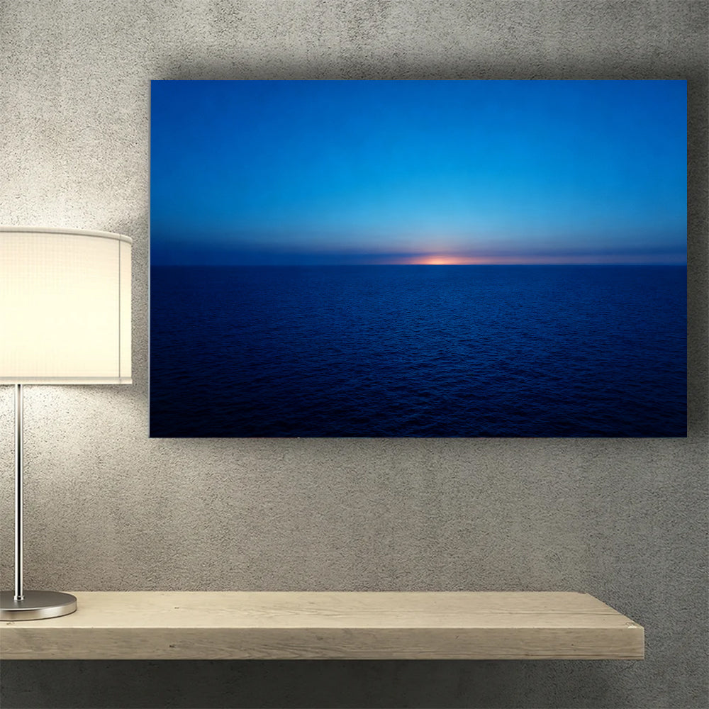 Deep Blue Twilight canvas wall art, wall mockup above a console.