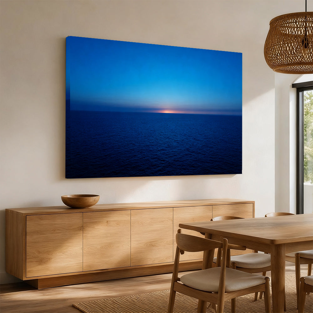 Deep Blue Twilight canvas wall art, angled mockup above a sideboard.
