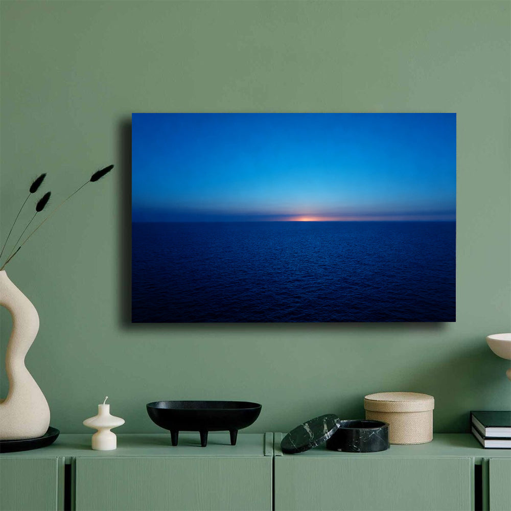 Deep Blue Twilight canvas wall art, mockup on a green wall.