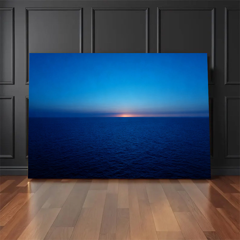 Deep Blue Twilight canvas wall art, floor display against a dark wall.