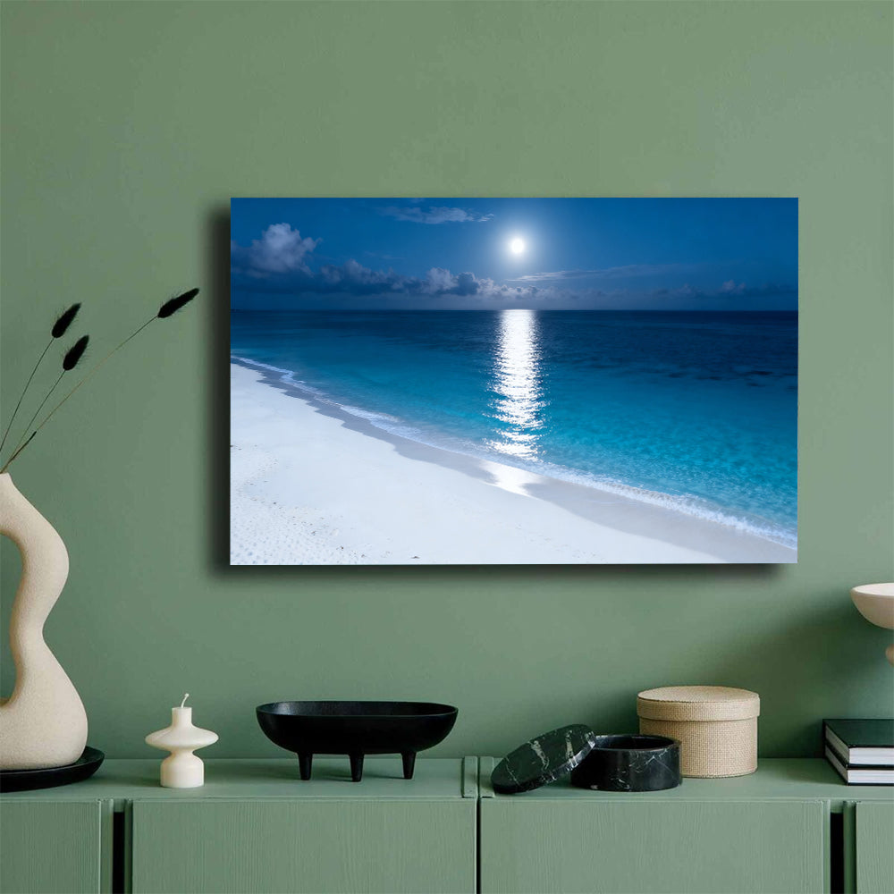 Moonlit Tropical Shore canvas wall art, mockup on a green wall.