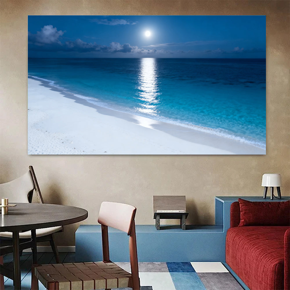 Moonlit Tropical Shore canvas wall art, colorful room mockup.