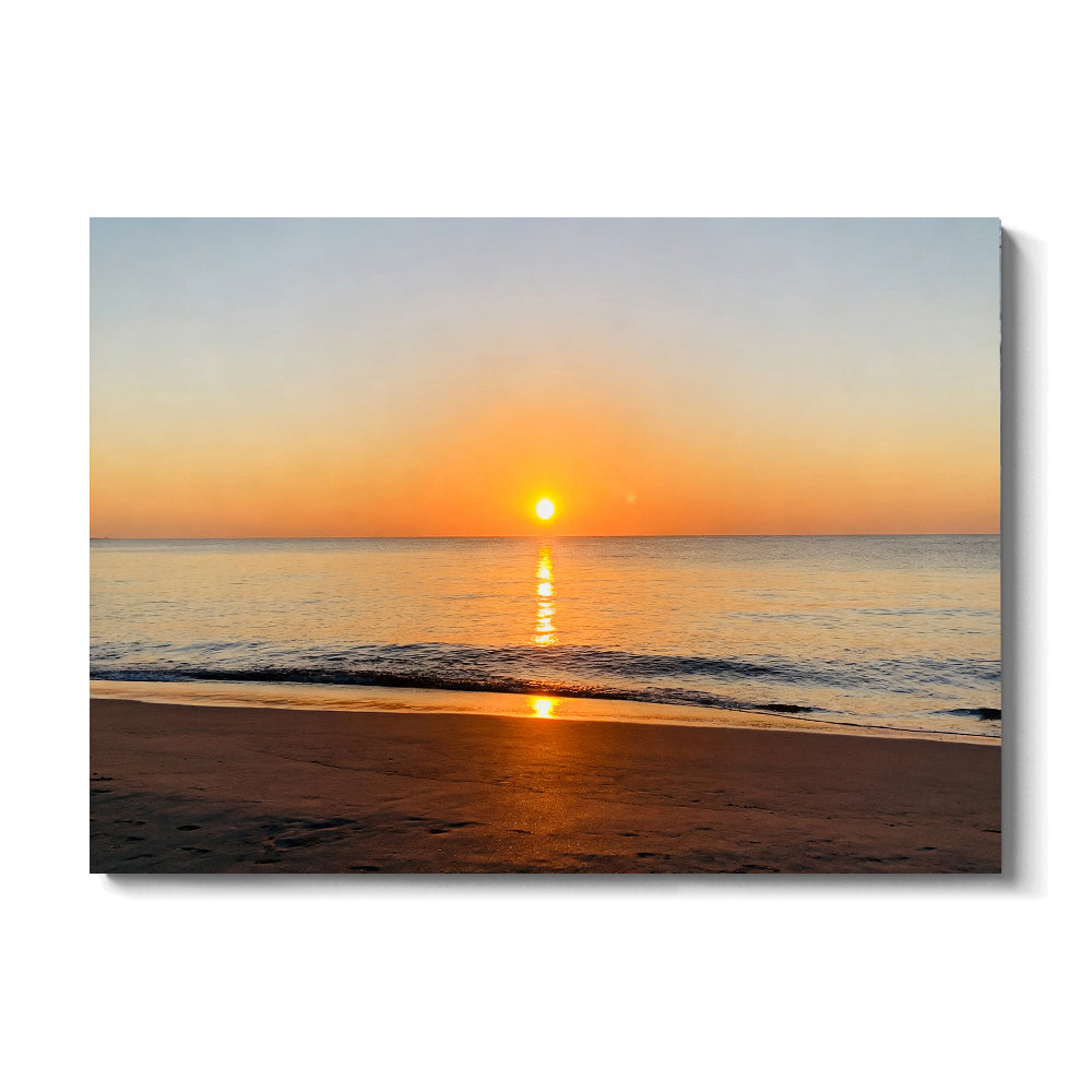 Golden Ocean Sunrise canvas wall art, front view on a white background.