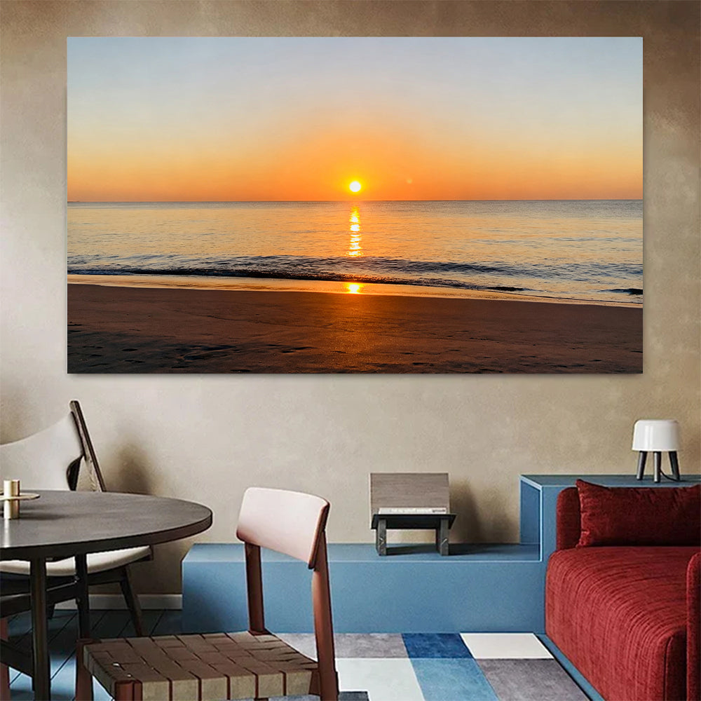 Golden Ocean Sunrise canvas wall art, colorful room mockup.