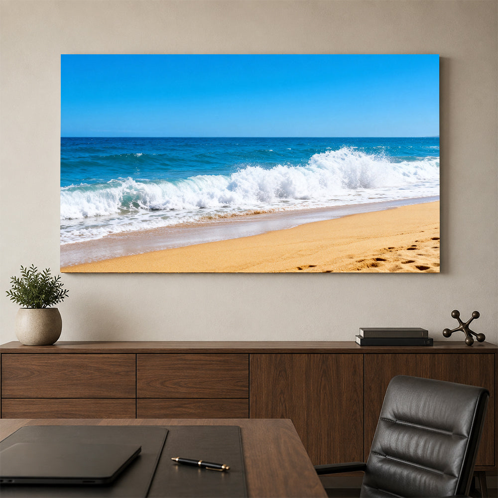 Summer Breaking Wave canvas wall art, office mockup above a desk.