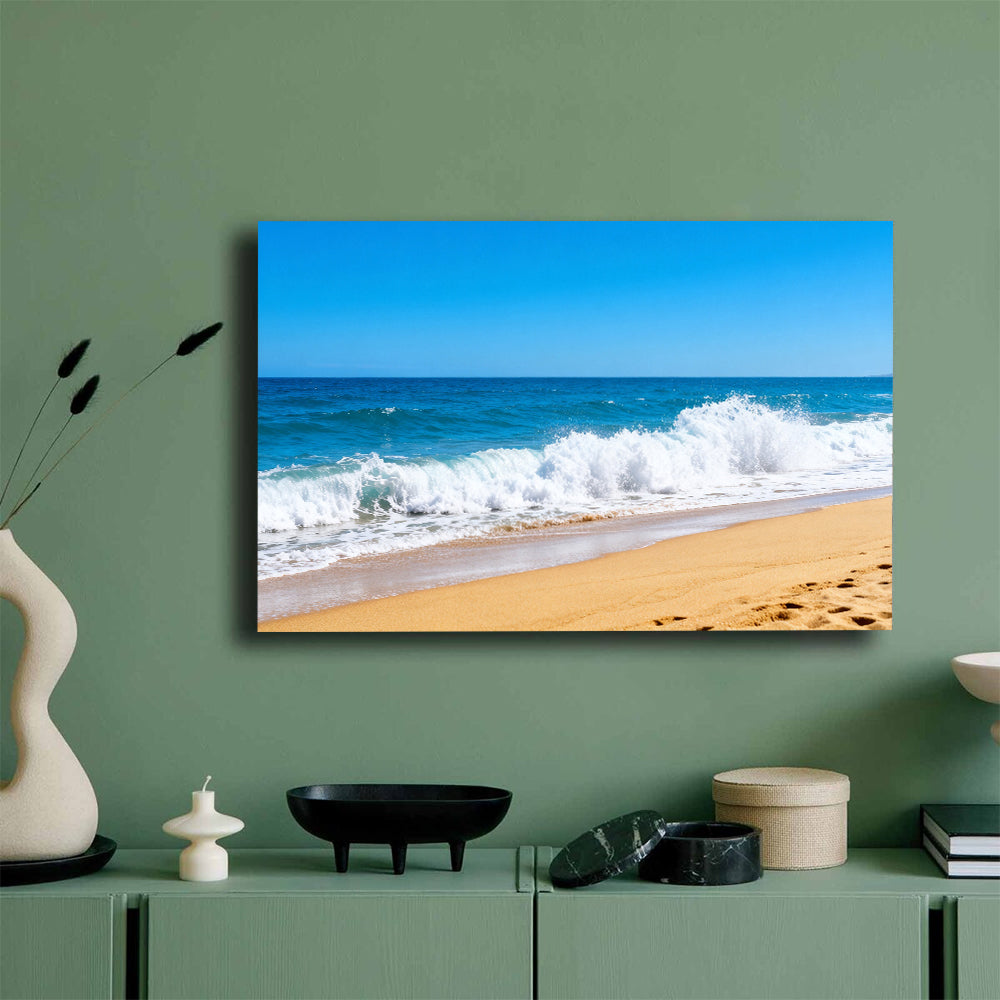 Summer Breaking Wave canvas wall art, mockup on a green wall.