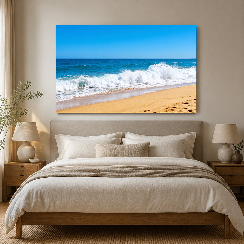 Summer Breaking Wave canvas wall art, bedroom mockup above a bed.