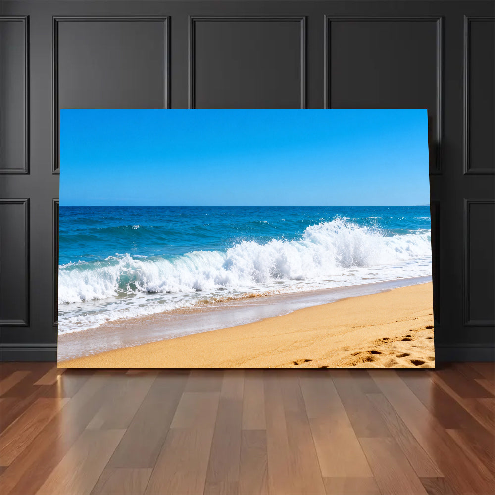 Summer Breaking Wave canvas wall art, floor display against a dark wall.