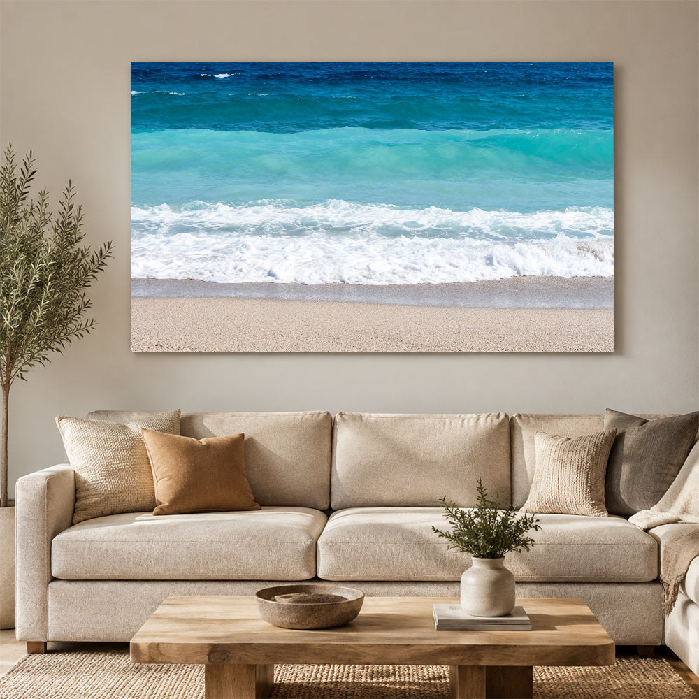 Turquoise Shore Break canvas wall art, living room mockup above a sofa.