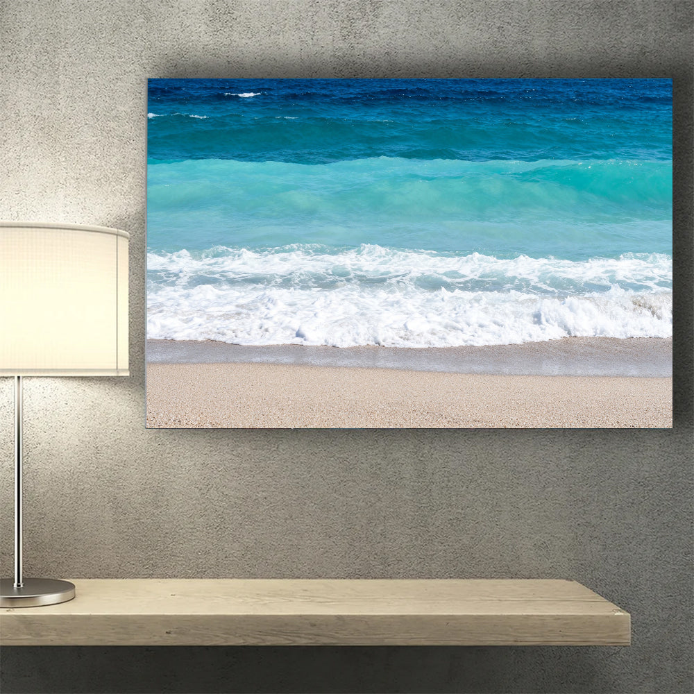 Turquoise Shore Break canvas wall art, wall mockup above a console.