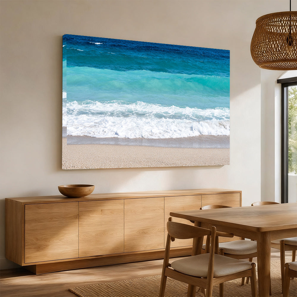 Turquoise Shore Break canvas wall art, angled mockup above a sideboard.