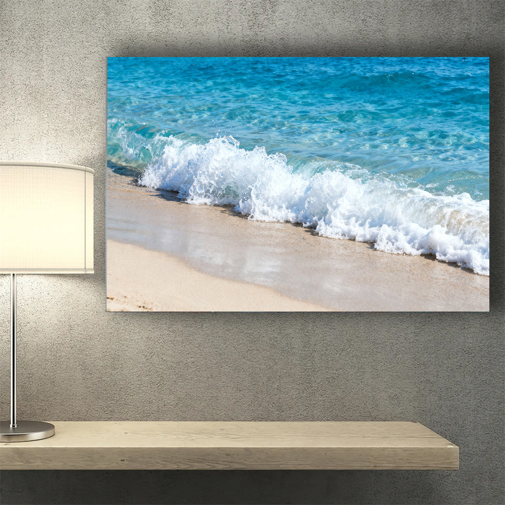 Foam on Pale Sand canvas wall art, wall mockup above a console.