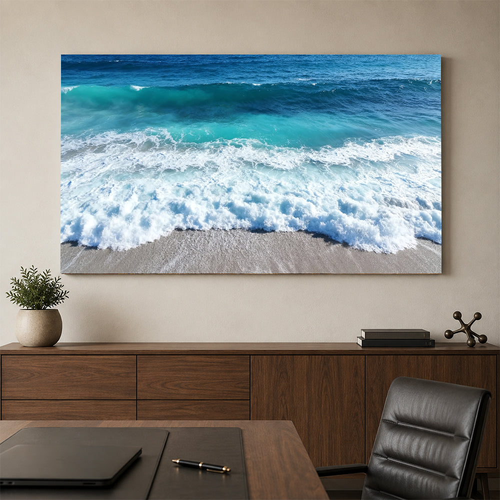 Rolling Teal Surf canvas wall art, office mockup above a desk.