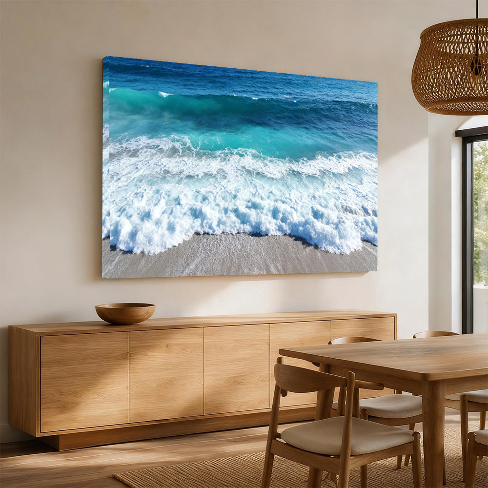 Rolling Teal Surf canvas wall art, angled mockup above a sideboard.
