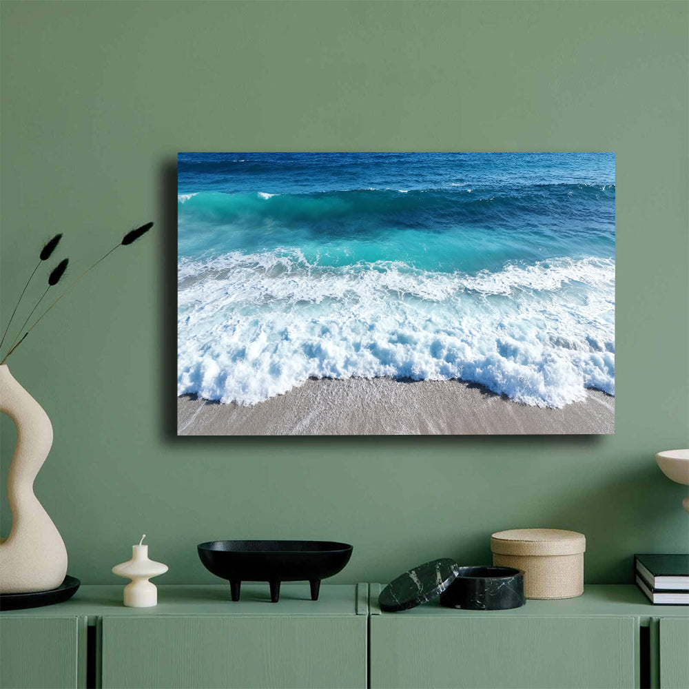 Rolling Teal Surf canvas wall art, mockup on a green wall.