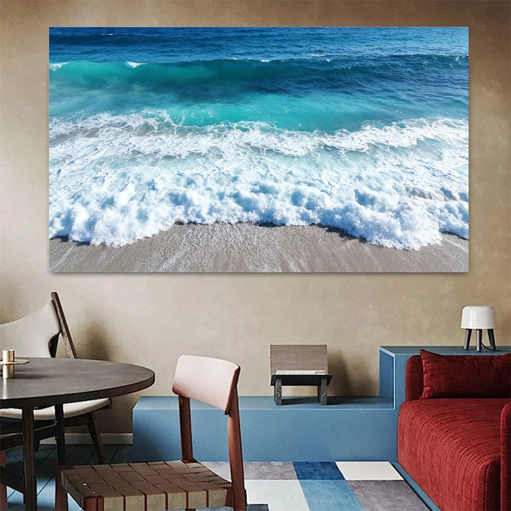 Rolling Teal Surf canvas wall art, colorful room mockup.