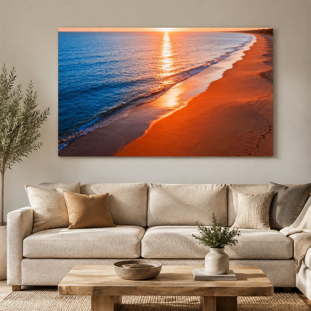 Amber Shoreline Glow canvas wall art, living room mockup above a sofa.