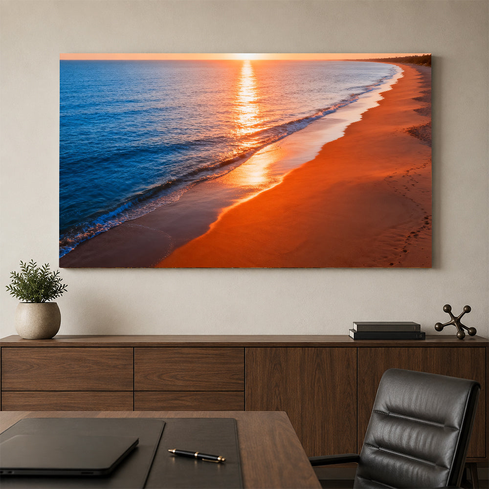 Amber Shoreline Glow canvas wall art, office mockup above a desk.