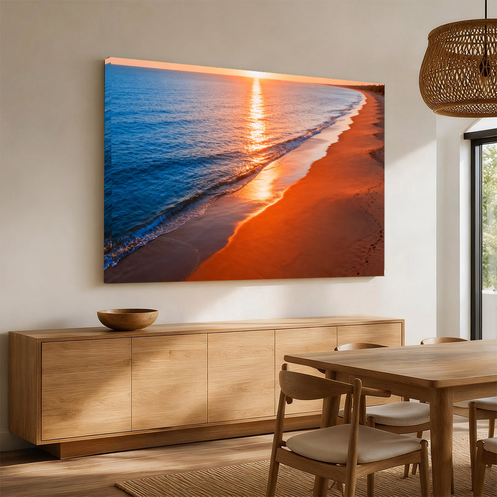 Amber Shoreline Glow canvas wall art, angled mockup above a sideboard.