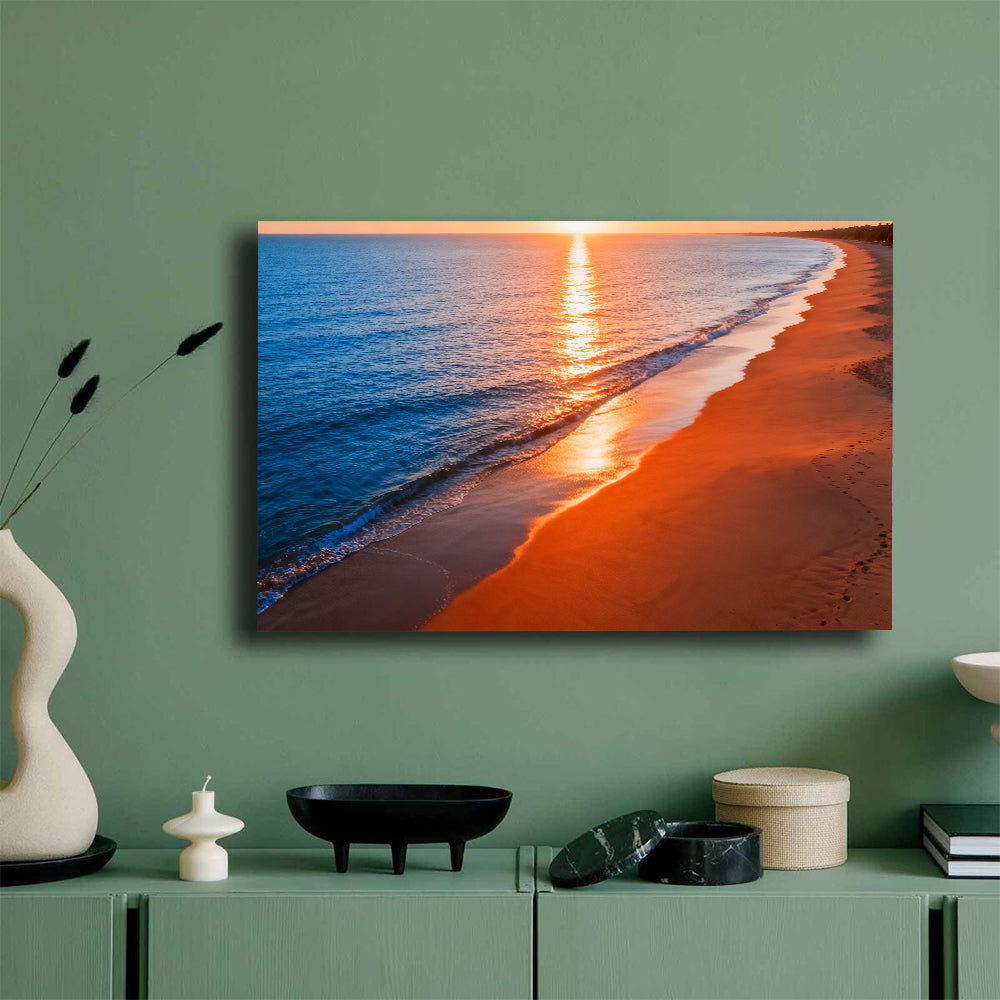 Amber Shoreline Glow canvas wall art, mockup on a green wall.