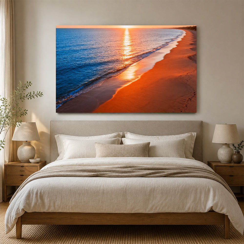 Amber Shoreline Glow canvas wall art, bedroom mockup above a bed.