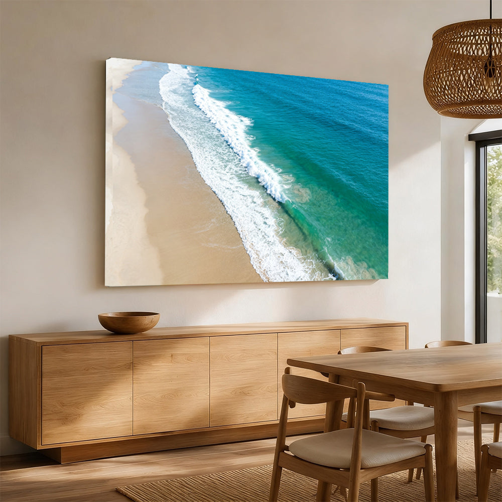 Aerial Sand and Surf canvas wall art, angled mockup above a sideboard.