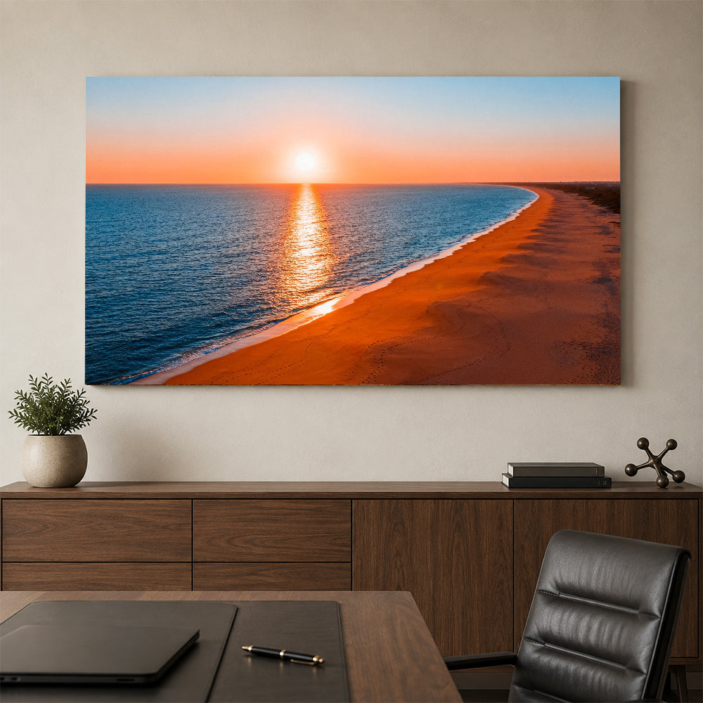 Golden Curving Coast canvas wall art, office mockup above a desk.