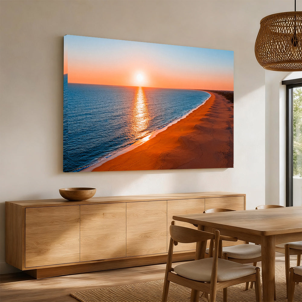 Golden Curving Coast canvas wall art, angled mockup above a sideboard.
