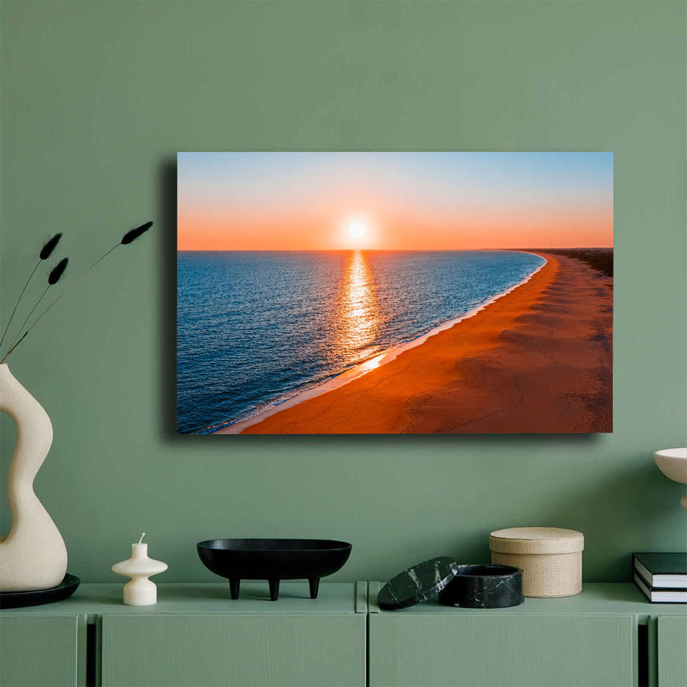Golden Curving Coast canvas wall art, mockup on a green wall.