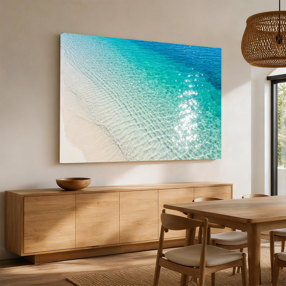 Sunlit Shallow Ripples canvas wall art, angled mockup above a sideboard.