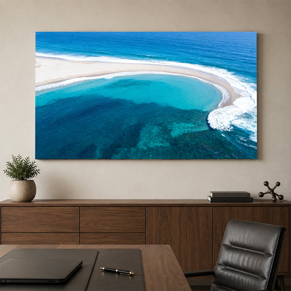 Turquoise Sandbar Arc canvas wall art, office mockup above a desk.