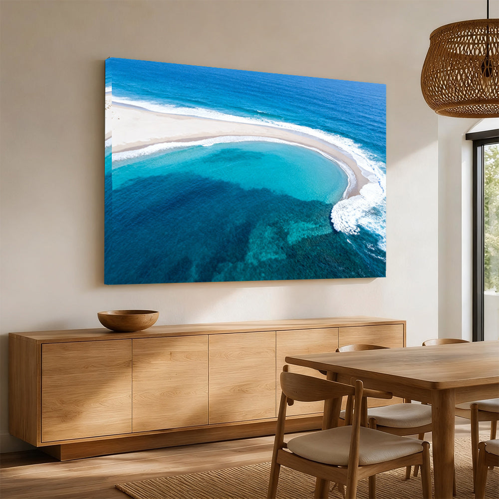 Turquoise Sandbar Arc canvas wall art, angled mockup above a sideboard.