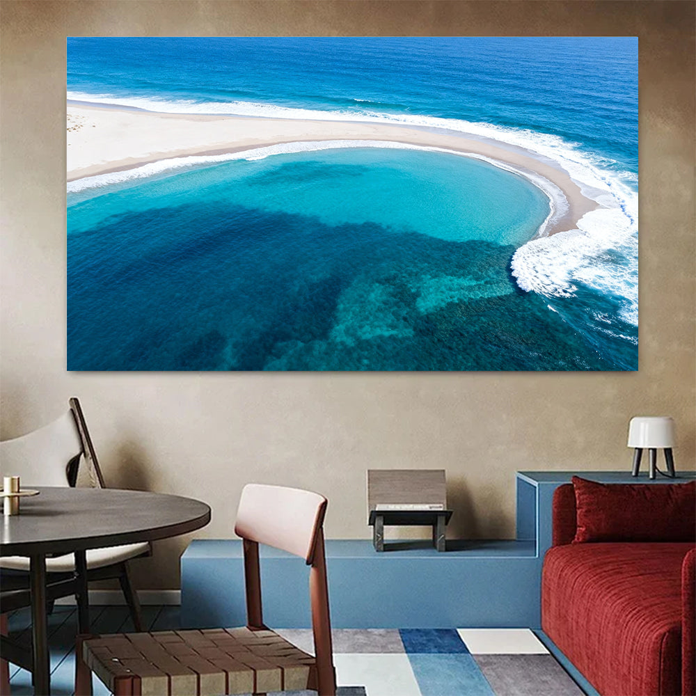 Turquoise Sandbar Arc canvas wall art, colorful room mockup.